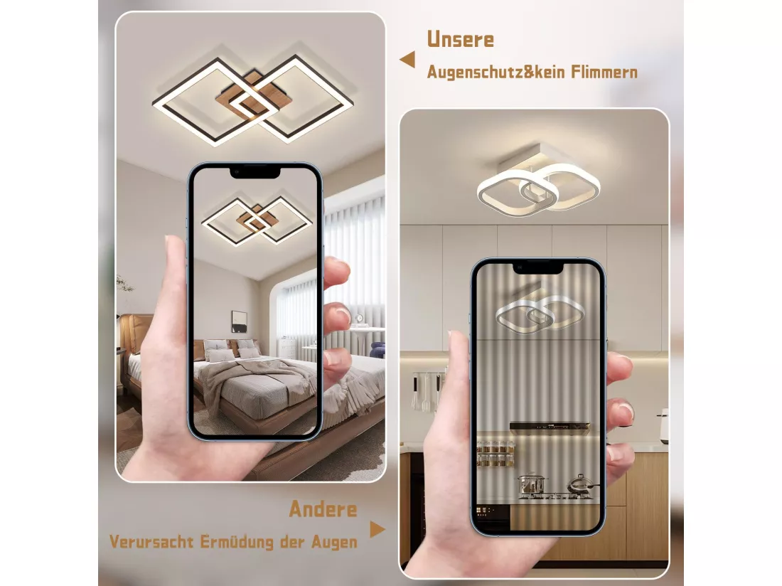 NETTLIFE Plafonnier LED Noir Bois 3000K Blanc Chaud Design Moderne 24W