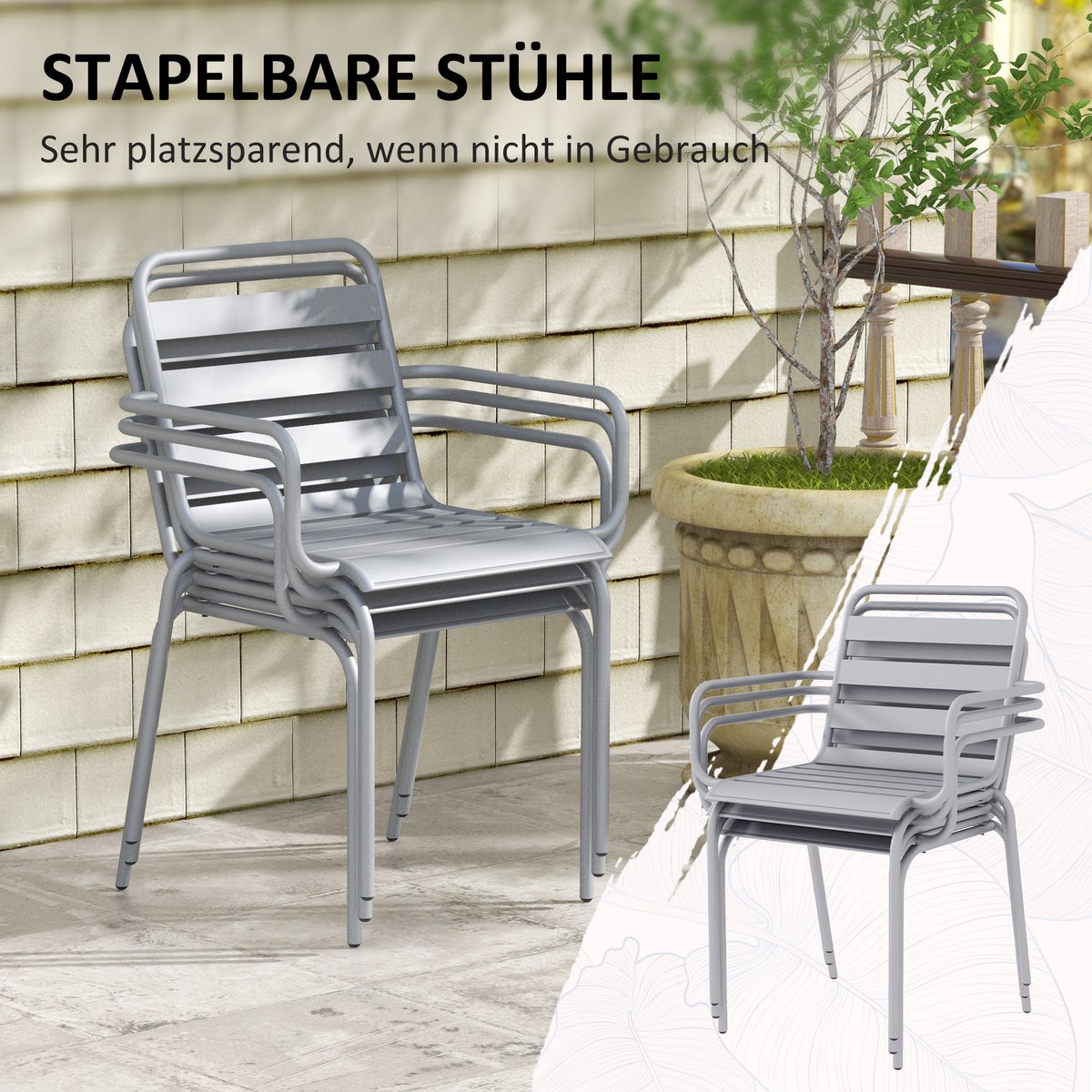 Outsunny 5-delige tuinmeubelset met 1 eettafel, 4 stapelbare stoelen, voor balkon, terras, 80B x 80D x 74H cm, staal, lichtgrijs