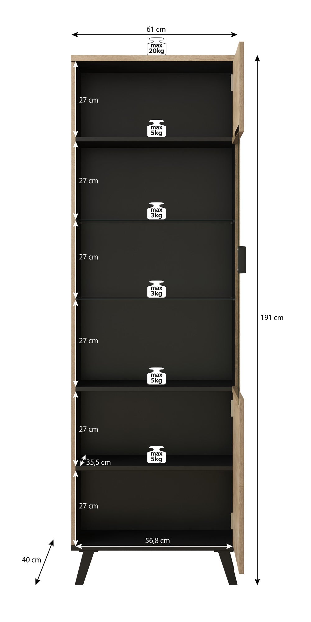 Meubella - Vitrinekast Jenny - Eiken - Zwart - 61 cm