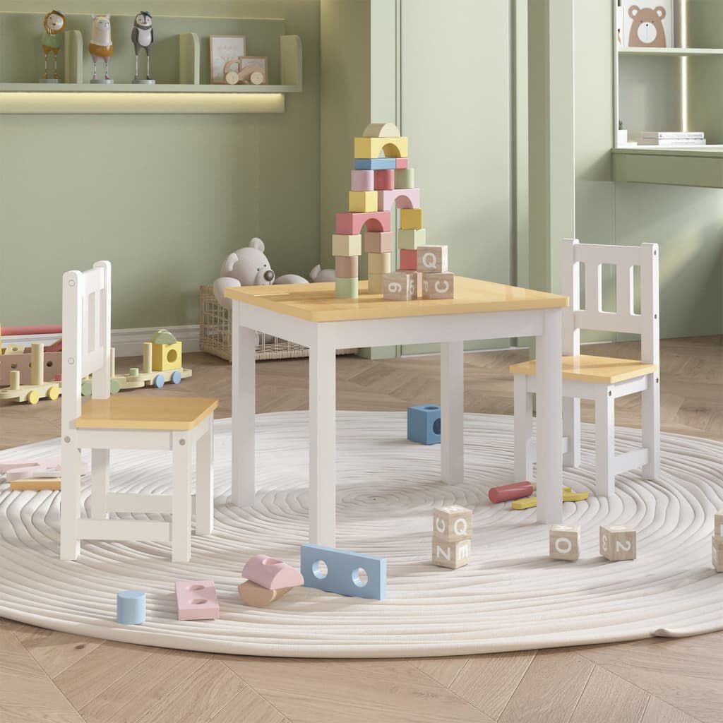 vidaXL 3-delige kindertafel- en stoelenset, wit en beige, MDF