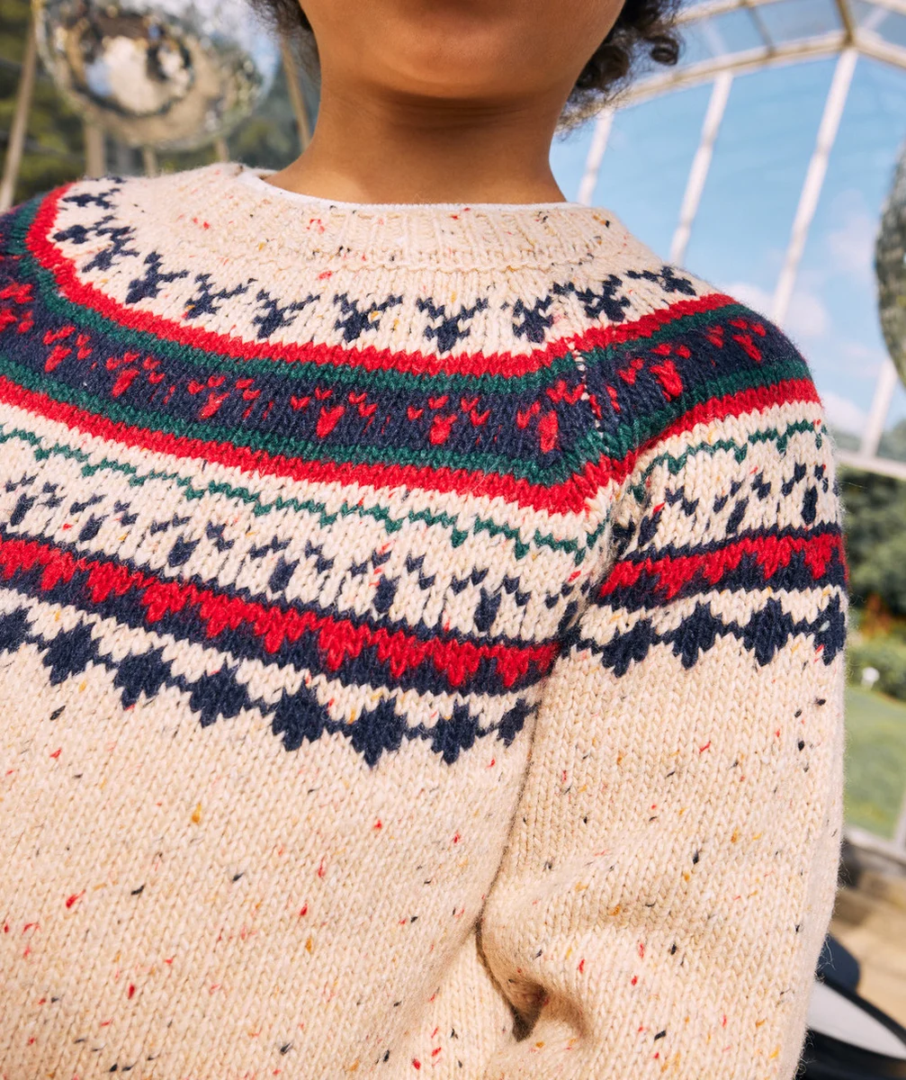 PULL DE NOËL GARÇON EN TRICOT BEIGE ROUGE VERT ET BLEU