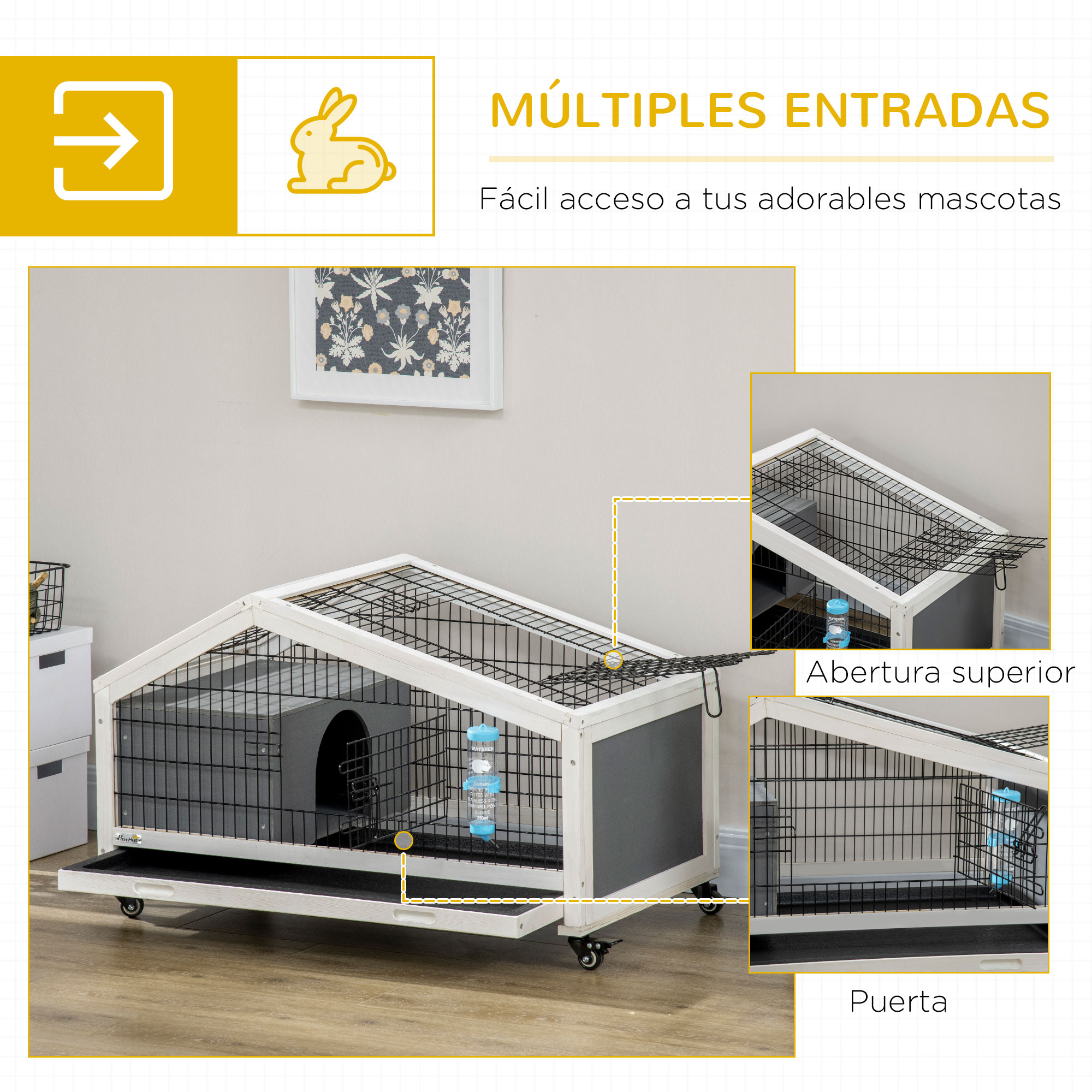 Gaiola de madeira PawHut para coelhos com rodas, 90x53x55 cm, para porquinhos-da-índia, com bandeja removível e bebedouro, casinha para pequenos animais, cinza escuro.