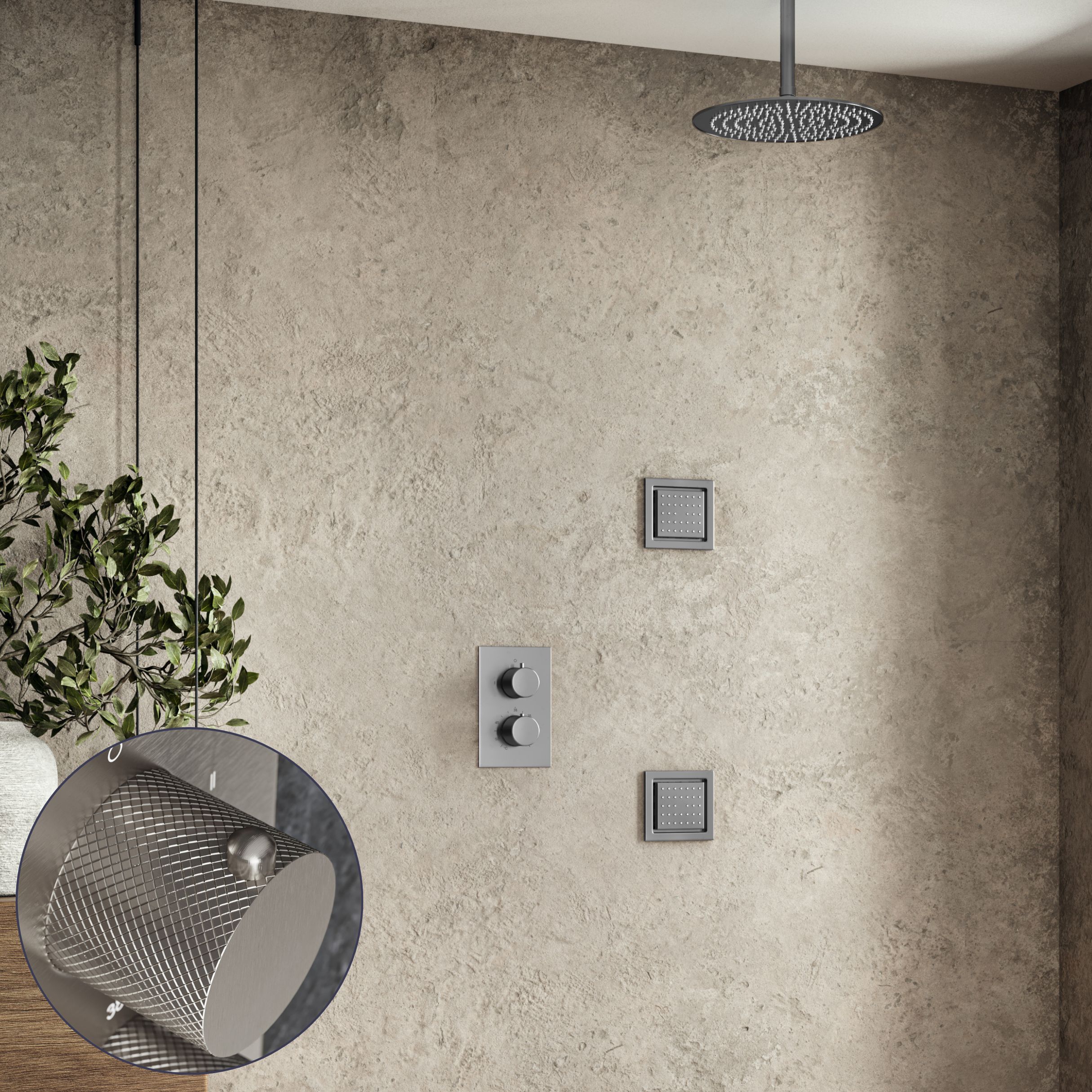 Saniclear Exclusive Curved inbouw regendouche 20cm met vierkante massagejets en plafondarm RVS