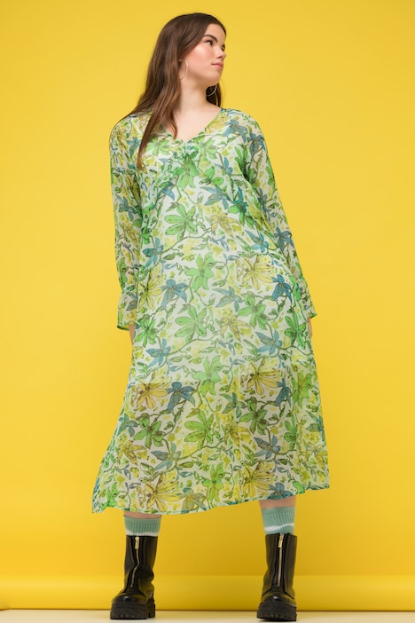 Maxikleid, A-Line, Chiffon, Blumen-Print, V-Ausschnitt, Langarm