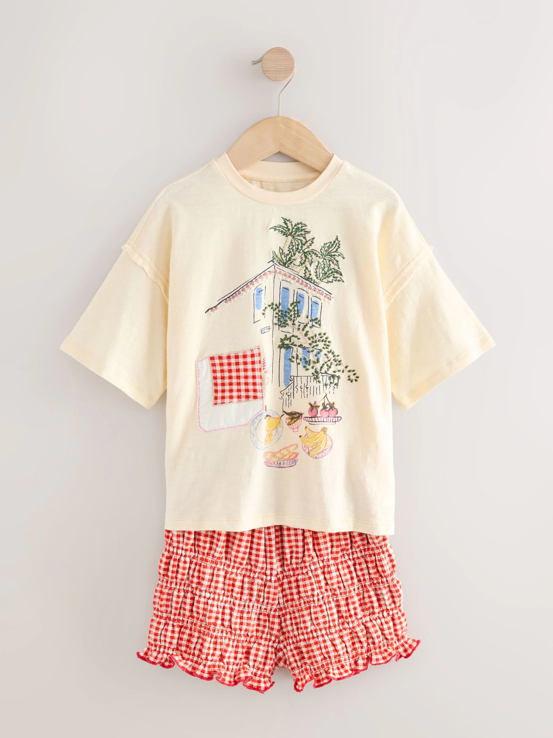 Ecru/rood geruit - Set van T-shirt en bloomer shorts met print (3-15jr)