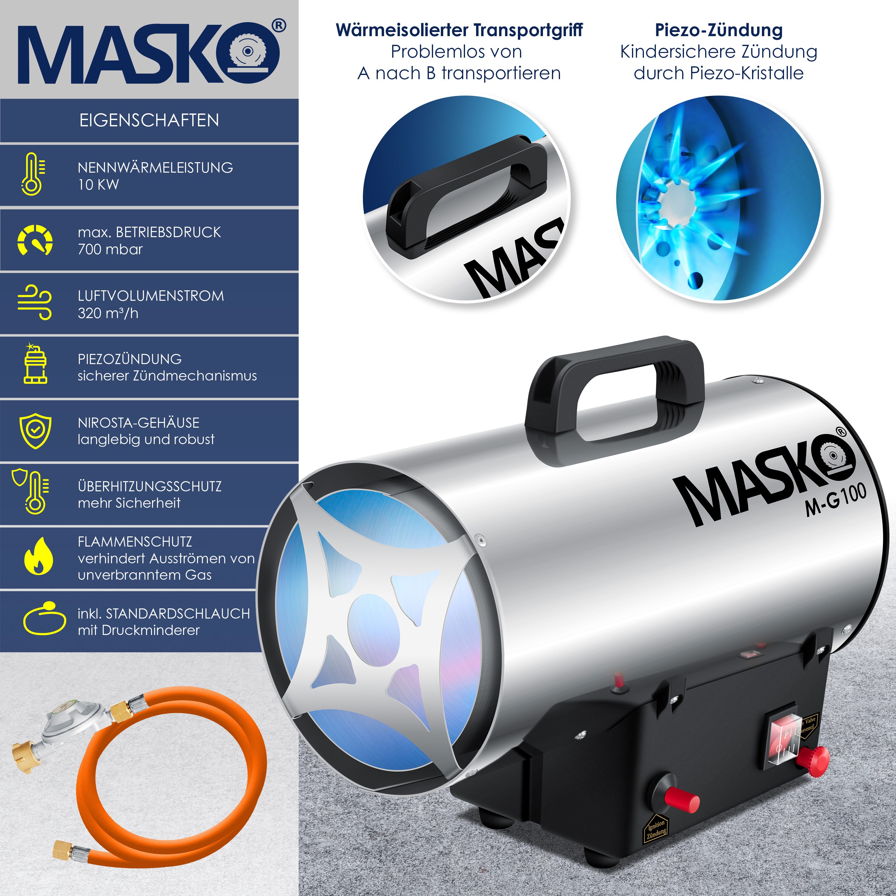 MASKO® Gasheizgebläse Gasheizer Heizkanone Gasheizstrahler Bauheizer Gas Heizgerät heizstrahler Heißluftgenerator inkl. Gasschlauch & Druckminderer Heizgebläse für handelsübliche Gasflaschen