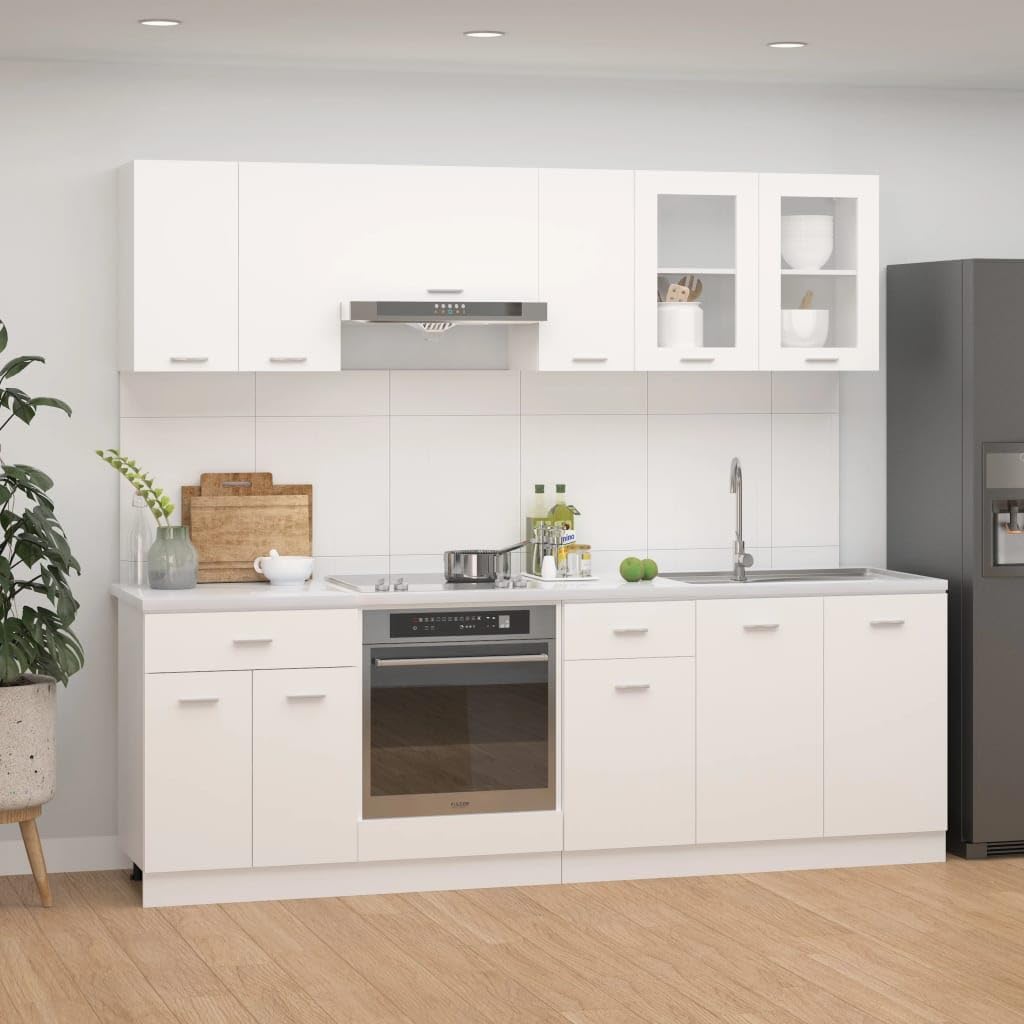 ACAGALA Küchenblock 240 cm variabel stellbar, 8-TLG. Küchenzeile Einbauküche, Weiß Holzwerkstoff, Küche Komplett, Schrank-Set, Unterschrank, Küchenschrank, Hängeschrank, ohne Arbeitsplatte