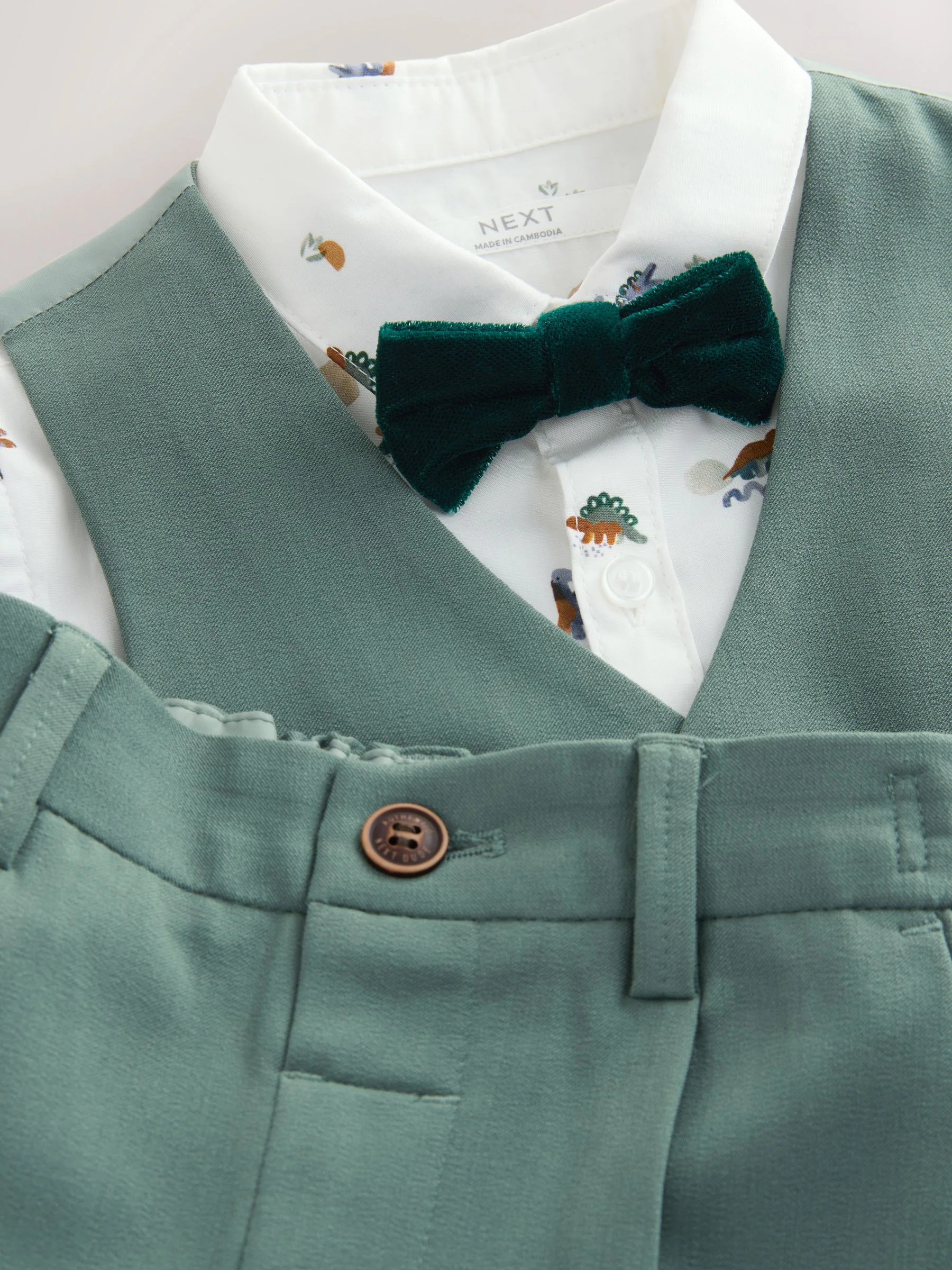 Groen dinosaurus - Set van gilet, overhemd, broek en vlinderdas (3mnd -9jr)