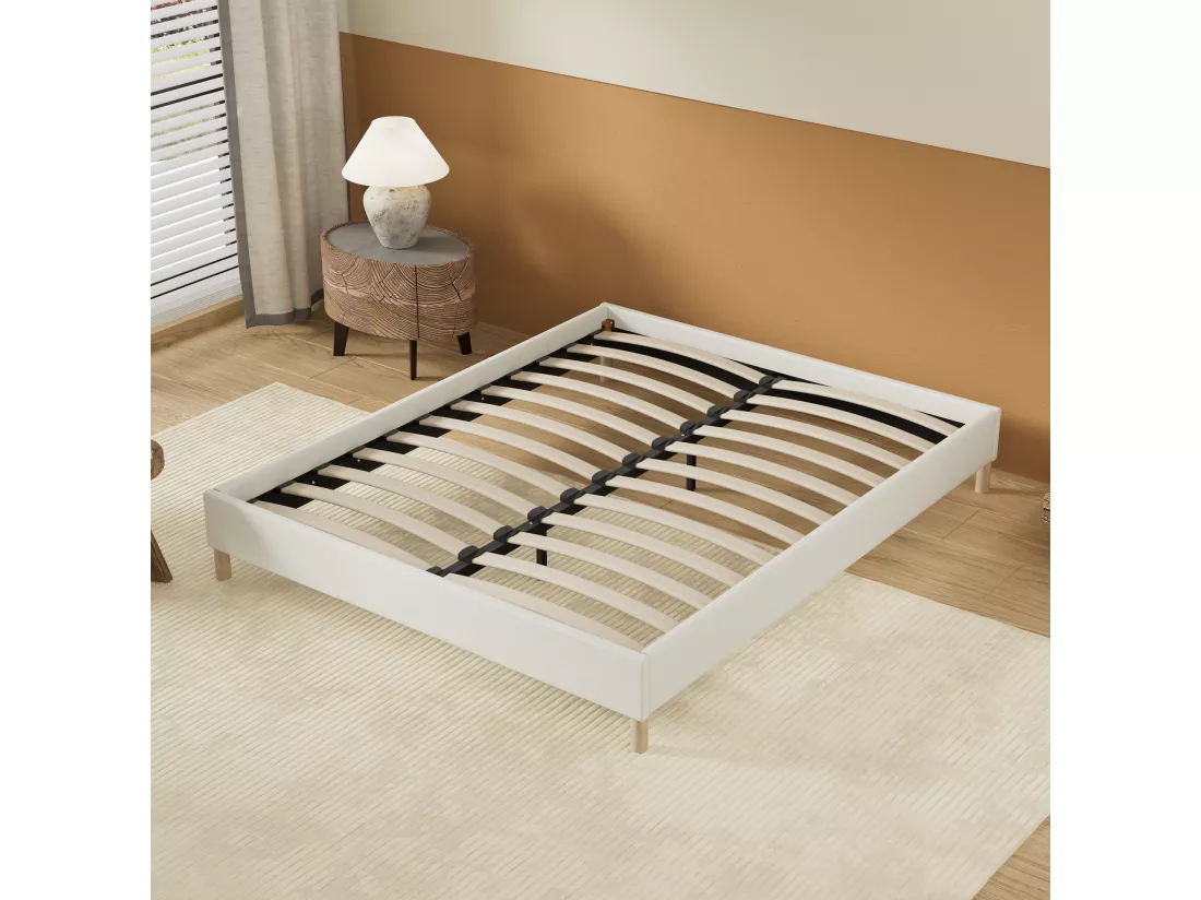 Sommier 140x200 cm, Revêtement en tissu Blanc Crème, Pieds en bois