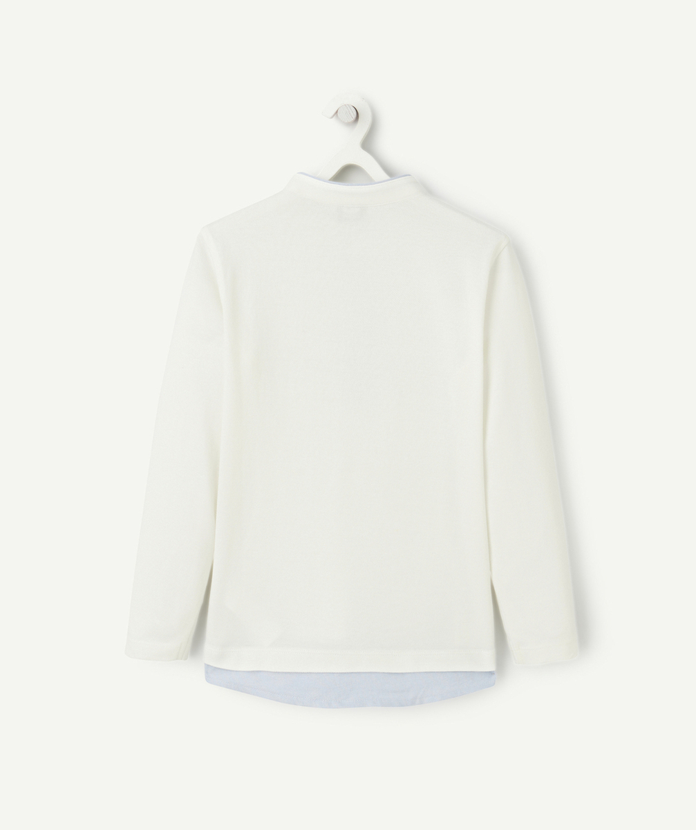 polo manches longues garçon en coton bio effet 2 en 1 blanc et bleu