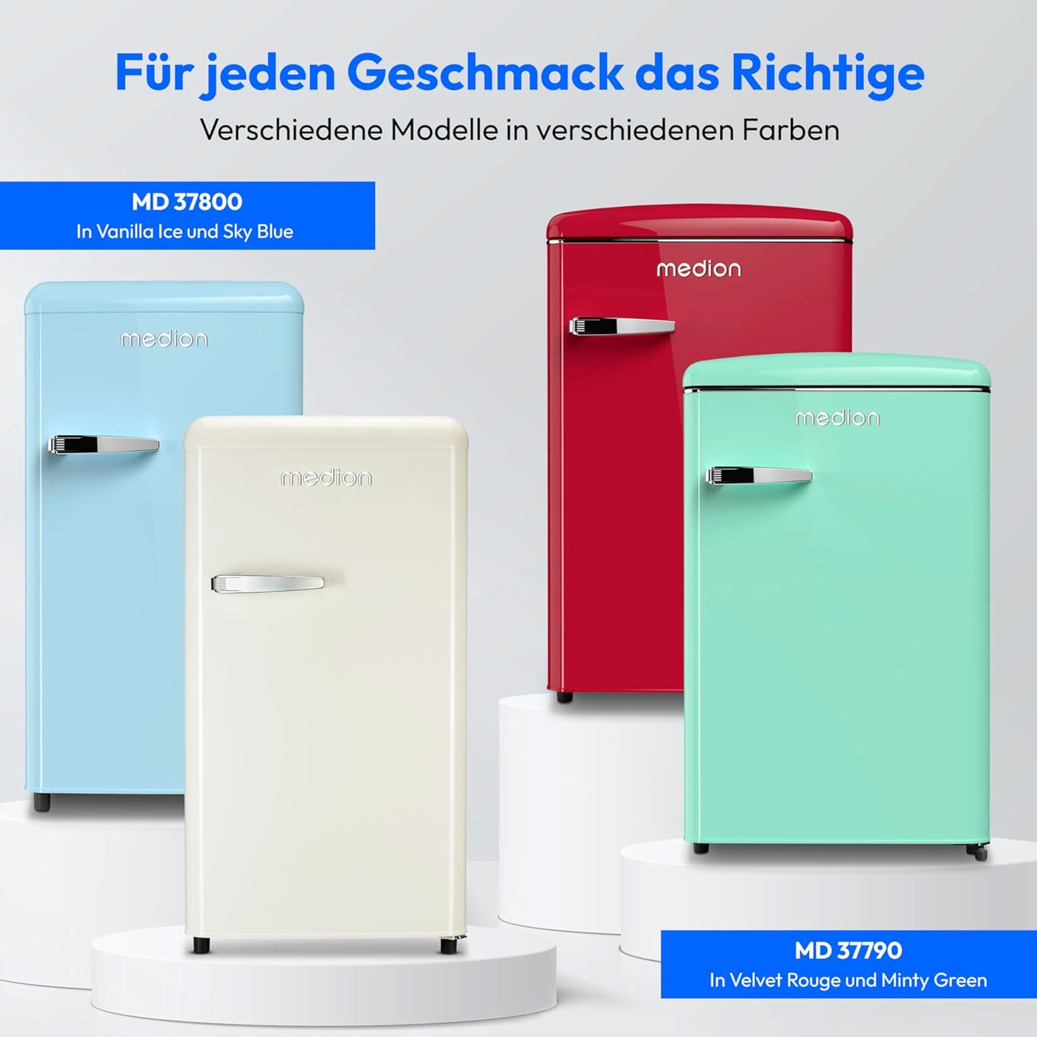 MEDION Retro Kühlschrank (91 Liter, 91cm Höhe (höhenverstellbare Füße), höhenverstellbare Glasablagen, transparente Gemüseschublade, freistehend, Türanschlag rechts, Metall Türgriff, MD37800) cream