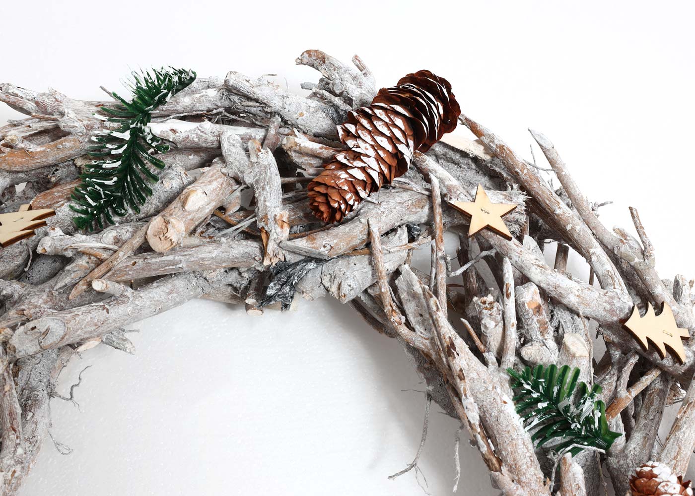 Adventskranz XXL rund, Weihnachtsdeko Tischkranz, Holz Ø 48cm weiß-grau ~ ohne Kerzen und Halterungen