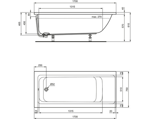 Ideal Standard Connect Air bad 75 x 170 cm wit glanzend E106401