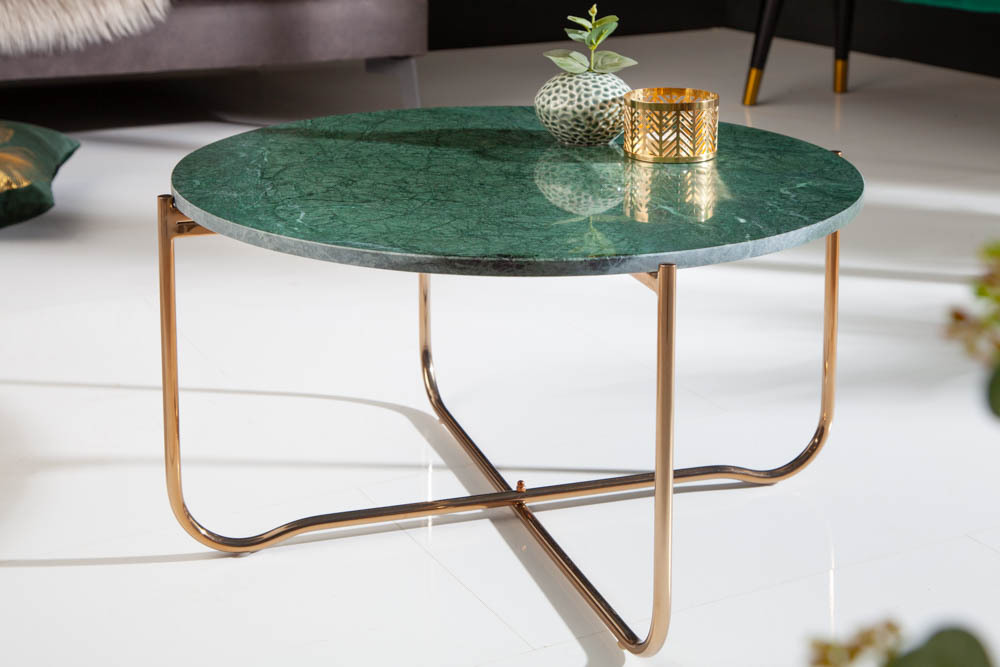 Runder Couchtisch NOBLE 65cm grün Marmor abnehmbare Tischplatte klappbar gold Metall