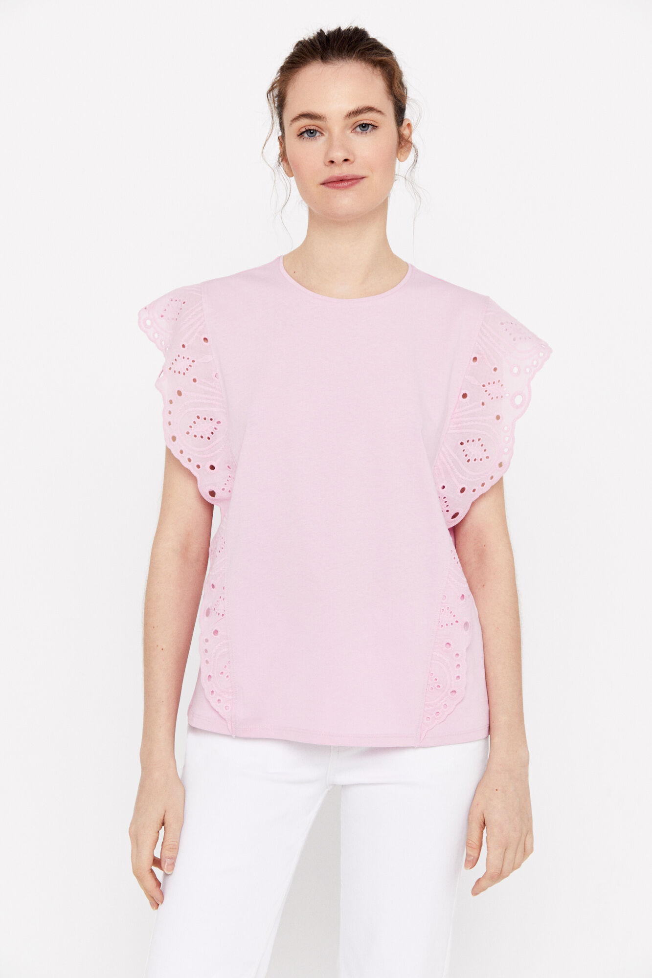 Camiseta combinada com bordado inglês - Lilás