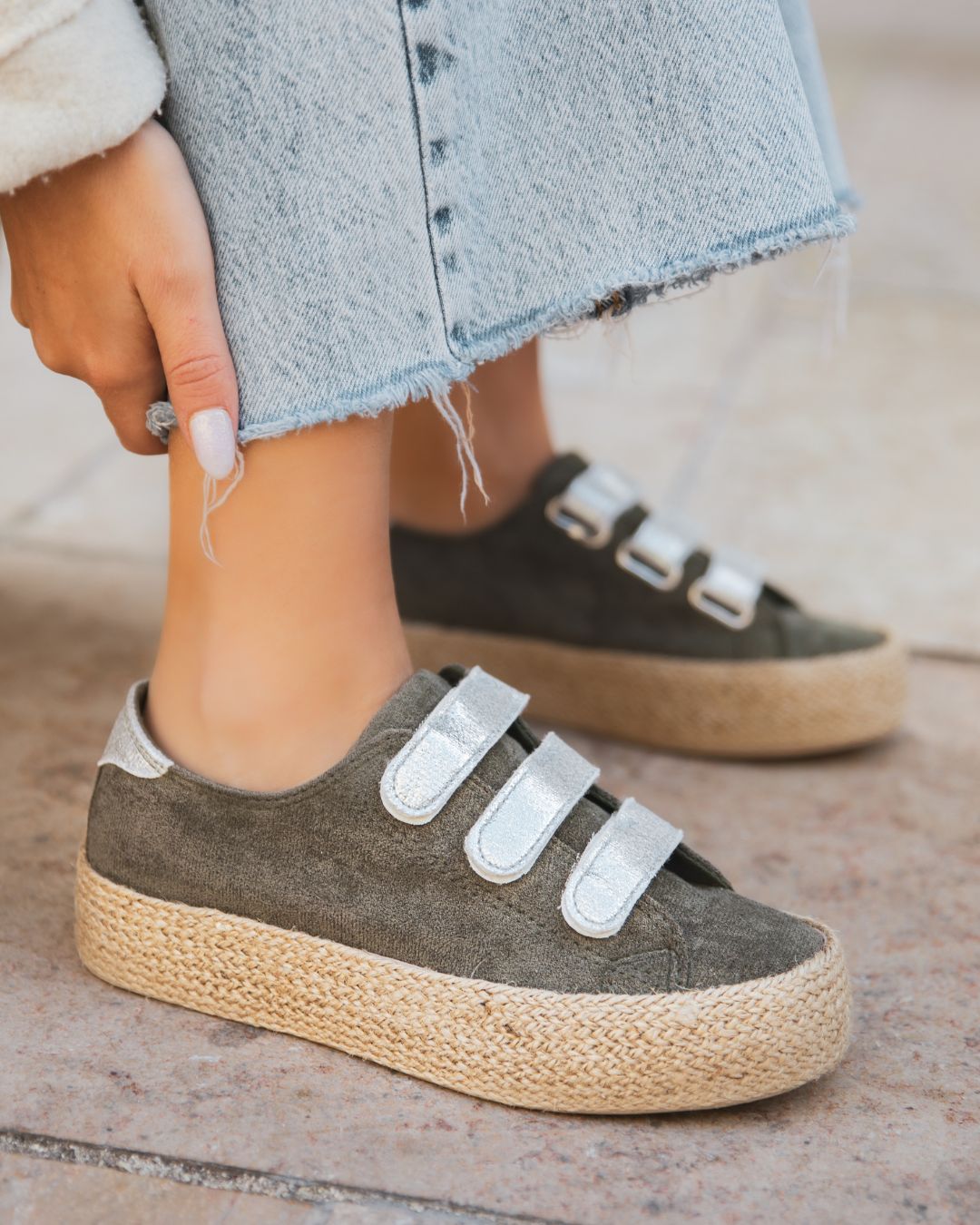 Basket femme kaki en toile espadrille - Delphine