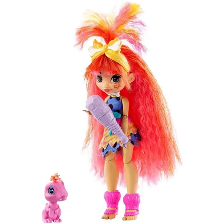 Mattel Cave Club Emberly Puppe (25 cm), prähistorische Modepuppe mit Haus-Dinosaurier