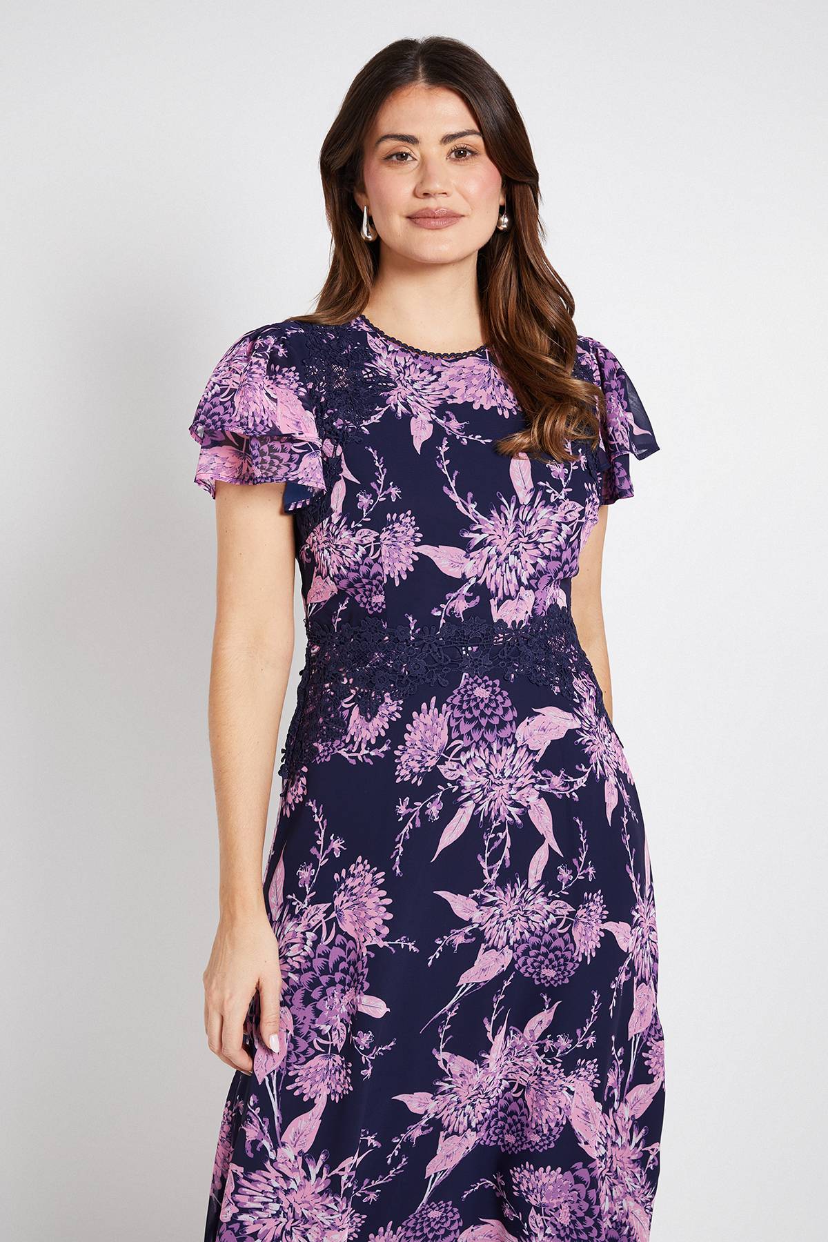Wallis Robe Midi En Dentelle Florale À Manches Volantées