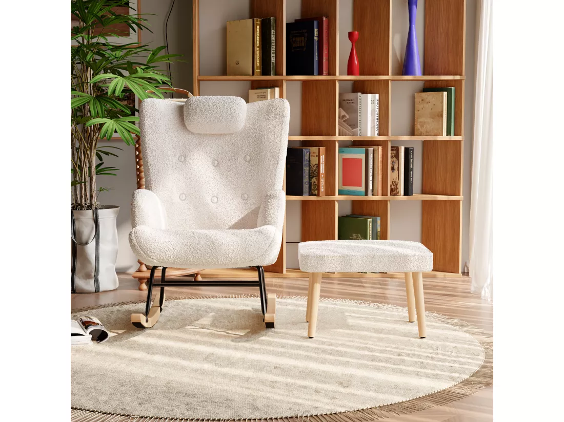 Fauteuil à bascule, fauteuil à bascule en peluche douce Teddy, chaise longue de salon avec appuie-tête et repose-pieds - supporte jusqu'à 150 kg