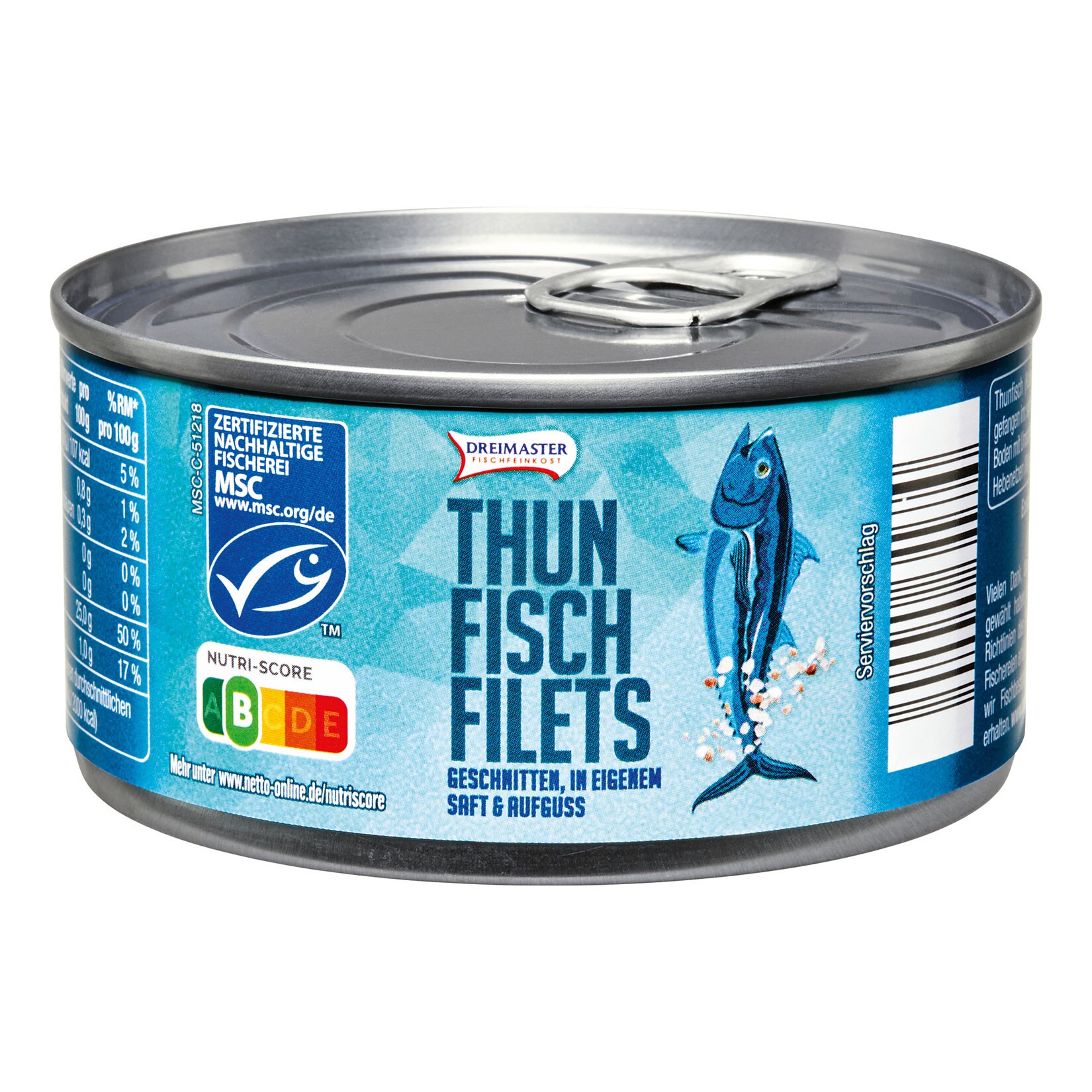 Dreimaster Thunfischfilet in eigenem Saft 150 g Abtropfgewicht, 48er Pack