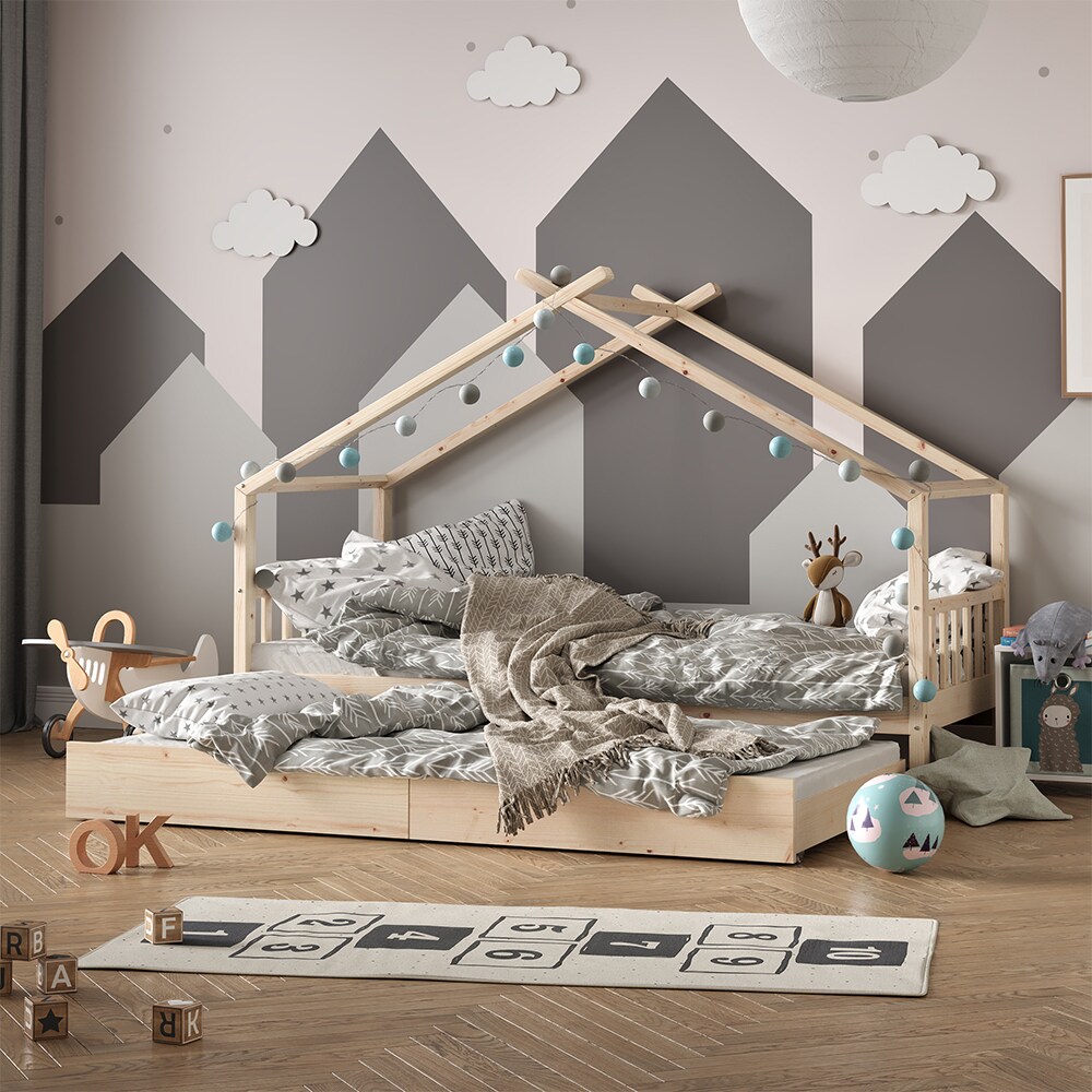 VitaliSpa Kinderbett Hausbett Gästebett Design Lattenrost 90x200 Matratze Natur