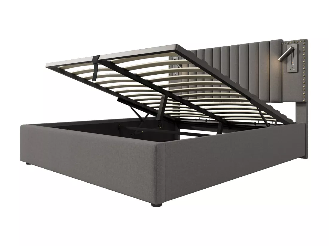 Lit coffre 180x200cm en tissu de cotton - avec lampes de lecture et Ports de charge USB - avec sommier à lattes - Gris