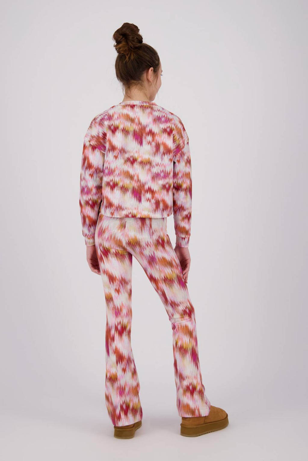 Raizzed flared broek Tine met all over print beige/rood/oranje