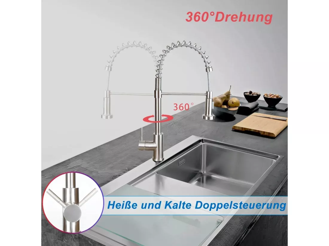 NETTLIFE Robinet de Cuisine avec Douchette Extractible Mitigeur Cuisine Bec Rotatif Mitigeur d'Évier haute pression avec 2 types de jets , Nickel