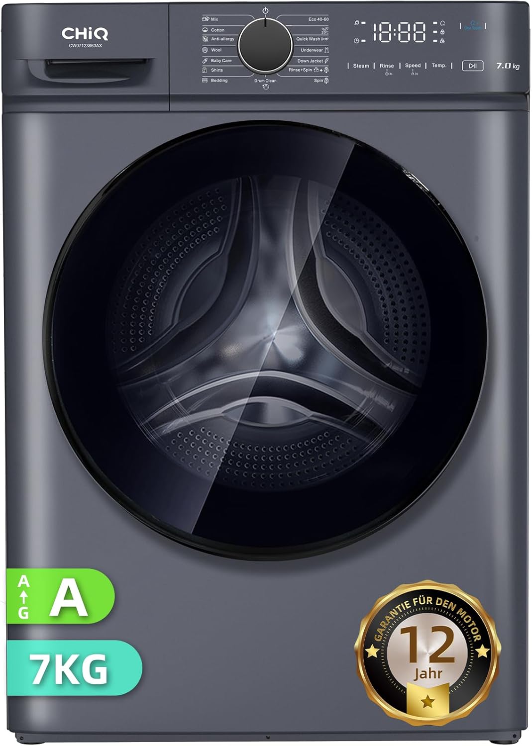 CHiQ Waschmaschine 7kg, InverterMotor, EEK A| 60x46,5x84cm, Große Tür| Eco, Speed Wash, Auto Clean, Kindersicherung|1200 U/Min, Washer Grau, CW07123863AX
