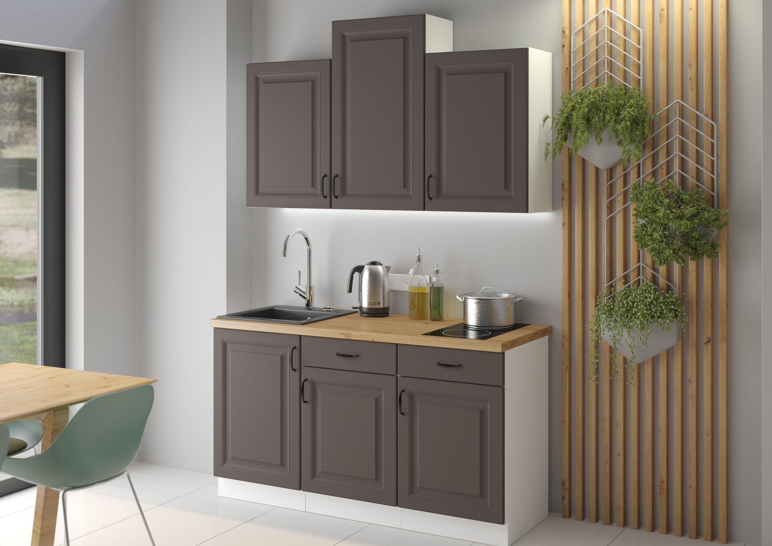 Landhaus Küche Stilo Grau 150 cm Küchenzeile Küchenblock Einbauküche Singleküche