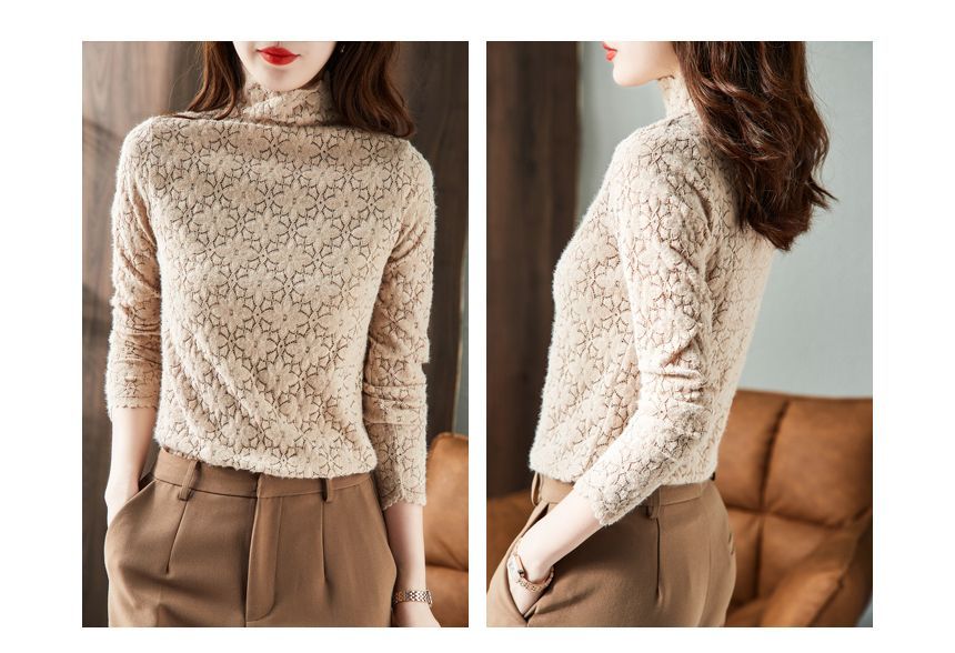 Lewwe - Blouse met lange mouwen en hoge hals en effen kant