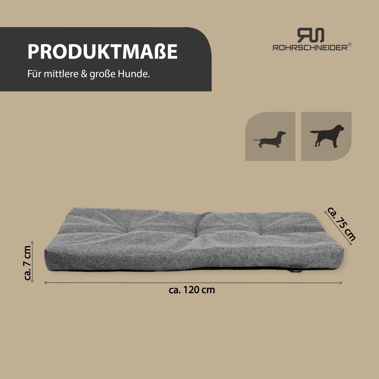 Rohrschneider ® Hundebett mit Anti-Rutsch-Boden, strapazierfähiges Kissen für Hunde und Katzen, B120 x T75 x H7 cm, inkl. Gratis-Wassernapf