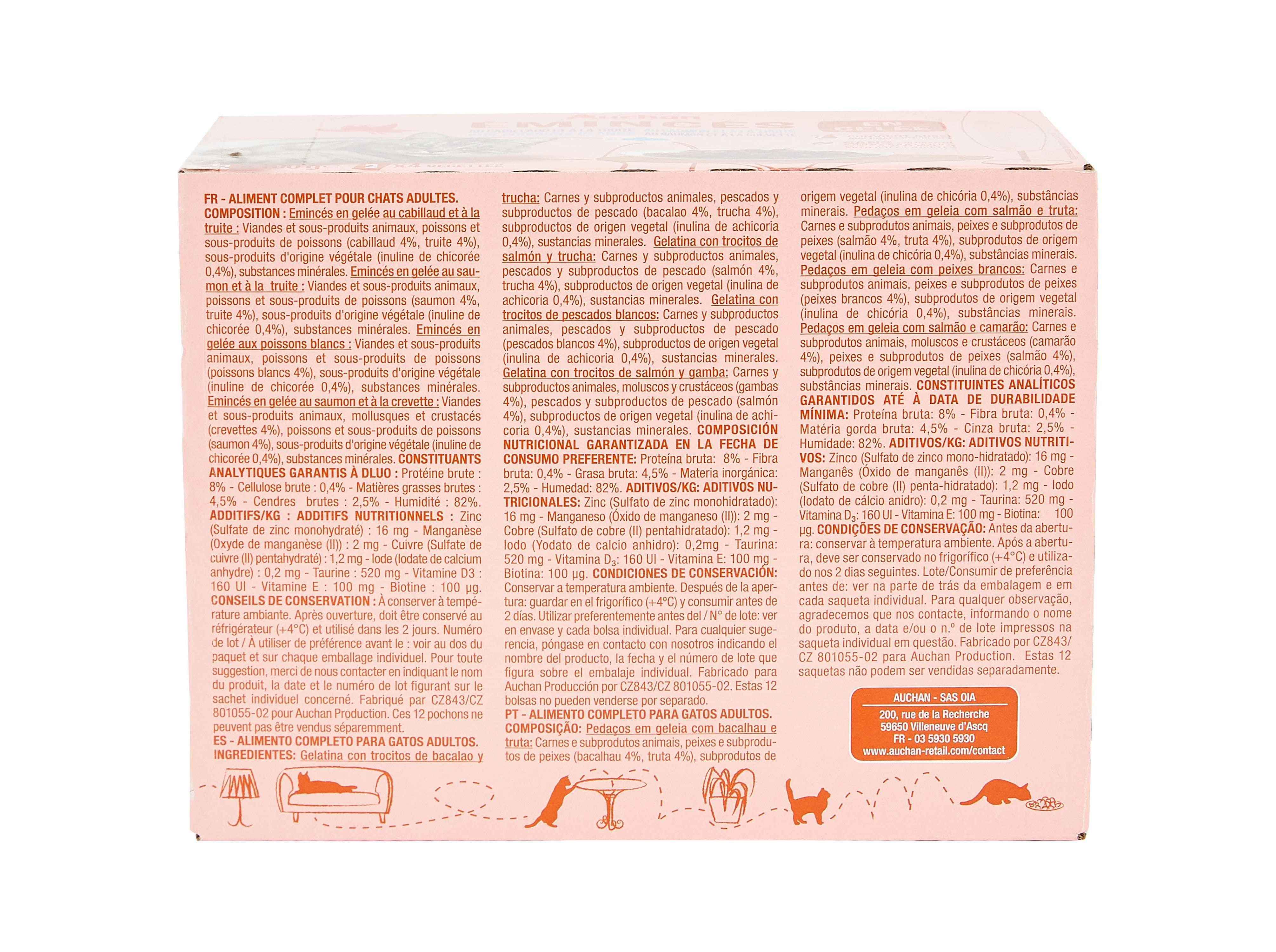 COMIDA HÚMIDA PARA GATO AUCHAN SAQUETAS PEDAÇOS EM GELEIA PEIXE 12X100G