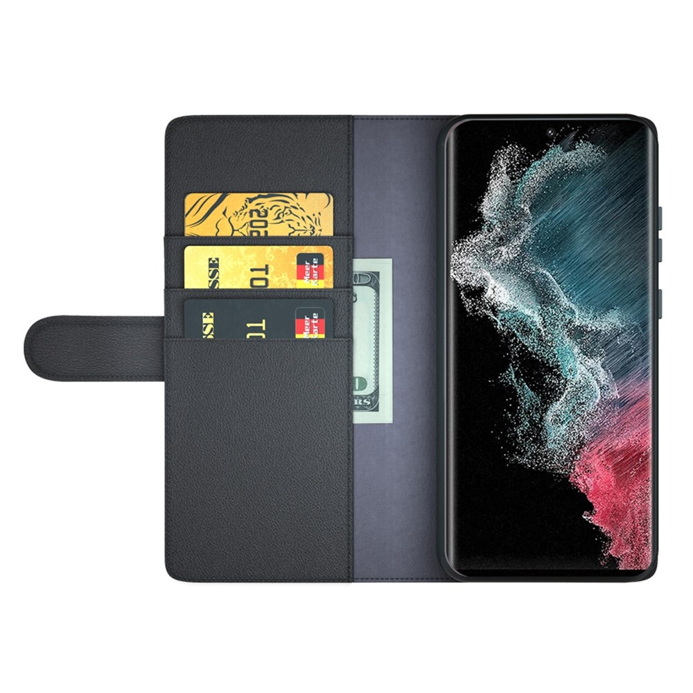 Samsung Galaxy S23 Ultra 5G Echtleder Tasche Flip Cover mit Kartenfächer - Schwarz