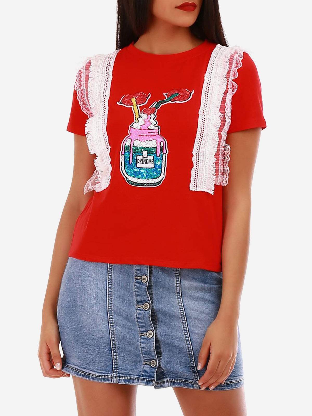 T-shirt motif à sequins- Rouge