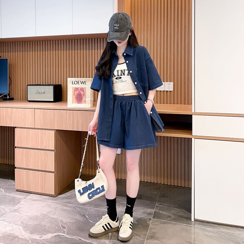 Mywaki - Set: Denim shirt met elleboogmouwen en zakdetail + shorts met hoge taille