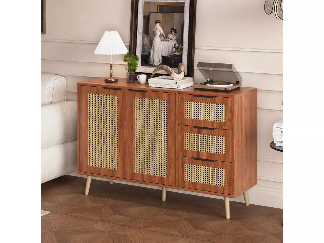 Buffet vintage en rotin avec 2 portes et 3 tiroir - 120 x 38 x 78 cm - MDF - pour cuisine et salon - Noyer
