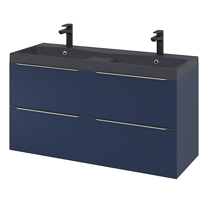 Ensemble salle de bains l.120 cm meuble à suspendre Imandra bleu nuit mat + plan double vasque résine noir
