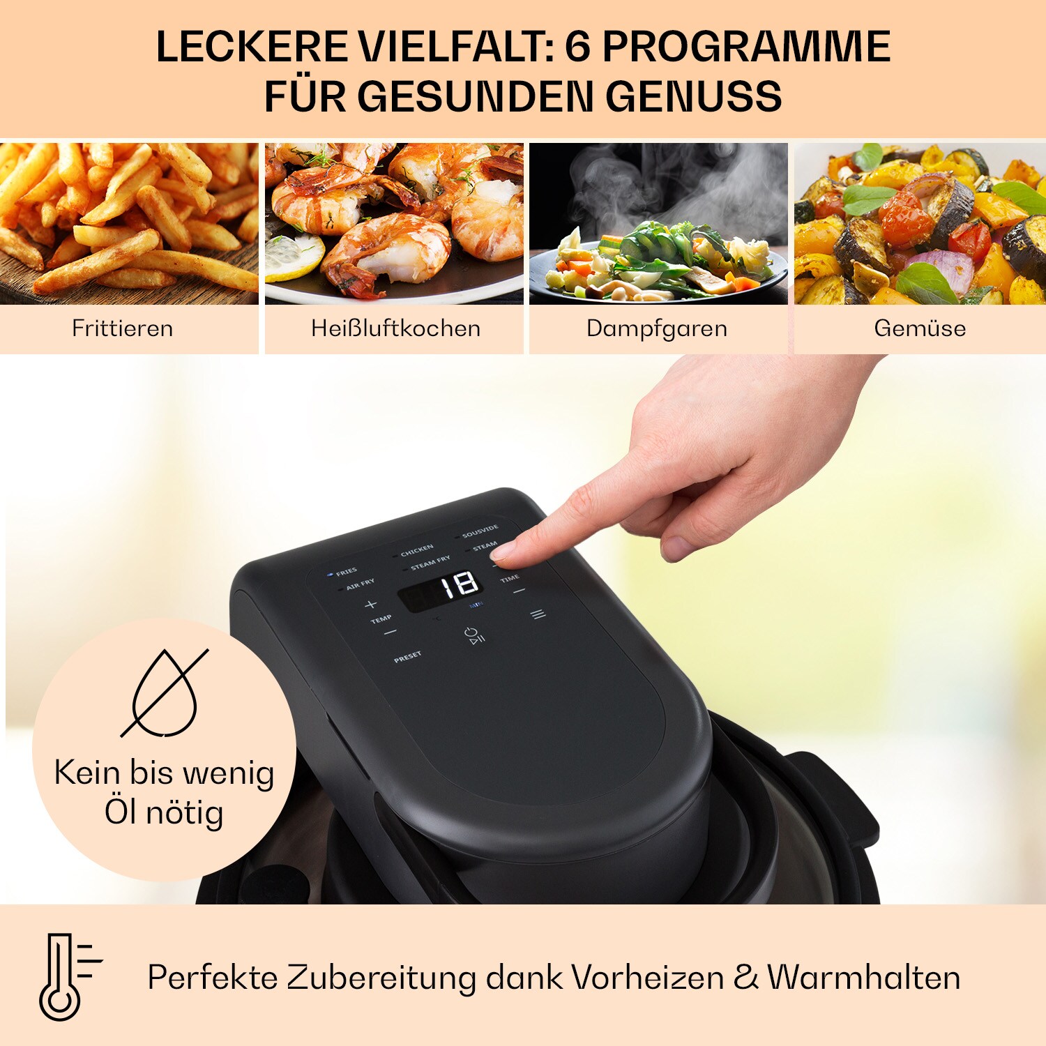 Vendure Heißluftfritteuse mit Dampffunktion 1250W 5 Liter 6 Programme Schwarz
