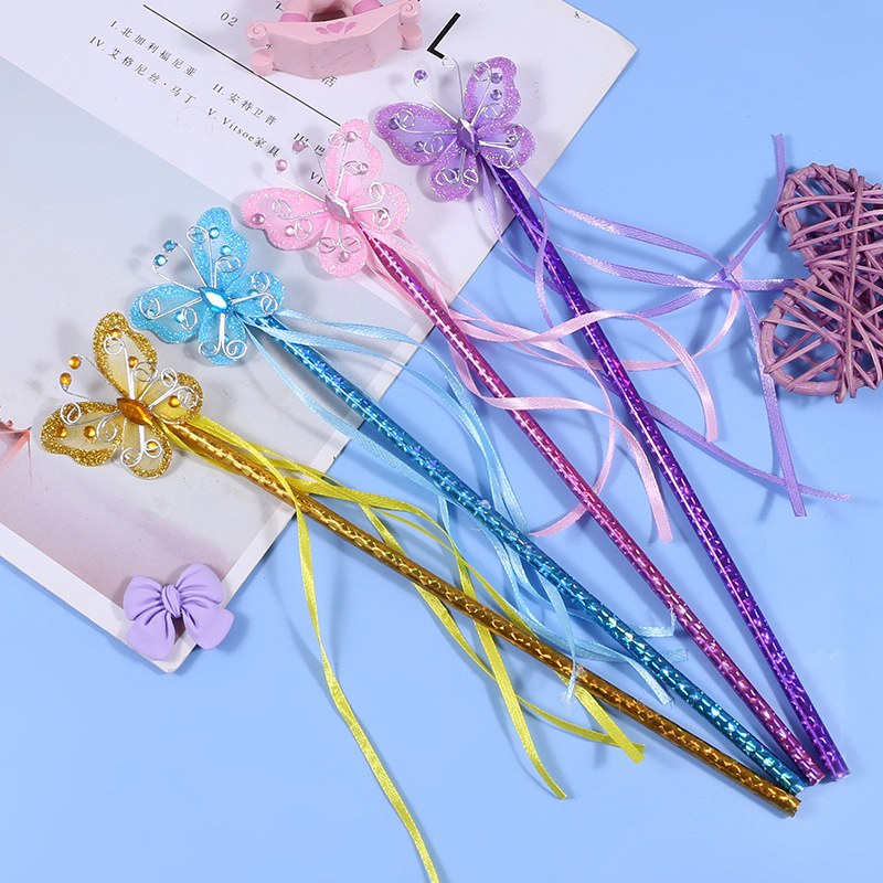 (4er Set) 29cm Glitzer Kinder Schmetterling Zauberstab Feen Kostüm Zubehör für Fasnacht / Motto Partys - Bunt
