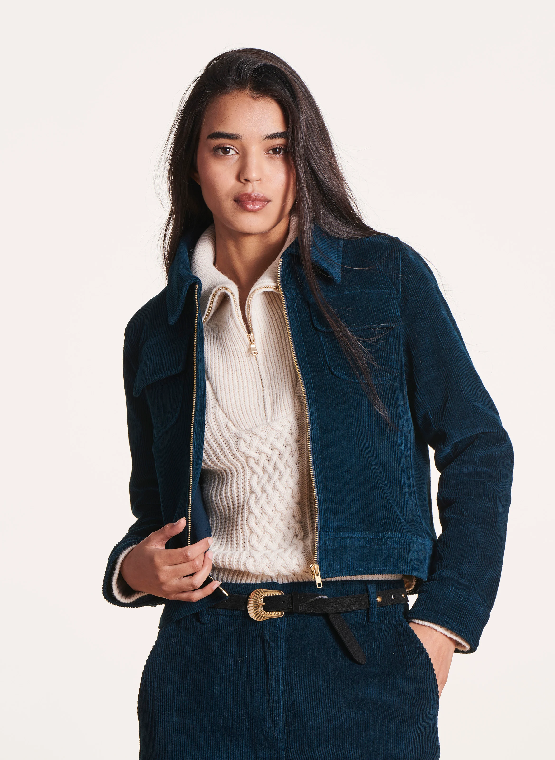 Veste col classique en coton mélangé| Bleu
