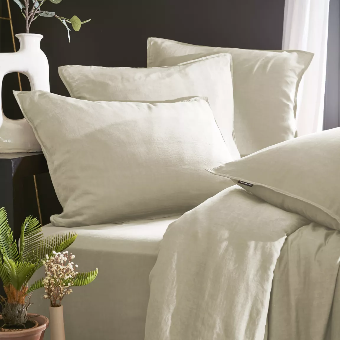Drap housse lyocell Tencel™ lavé (140 x 190 cm) Olivia Beige pampa