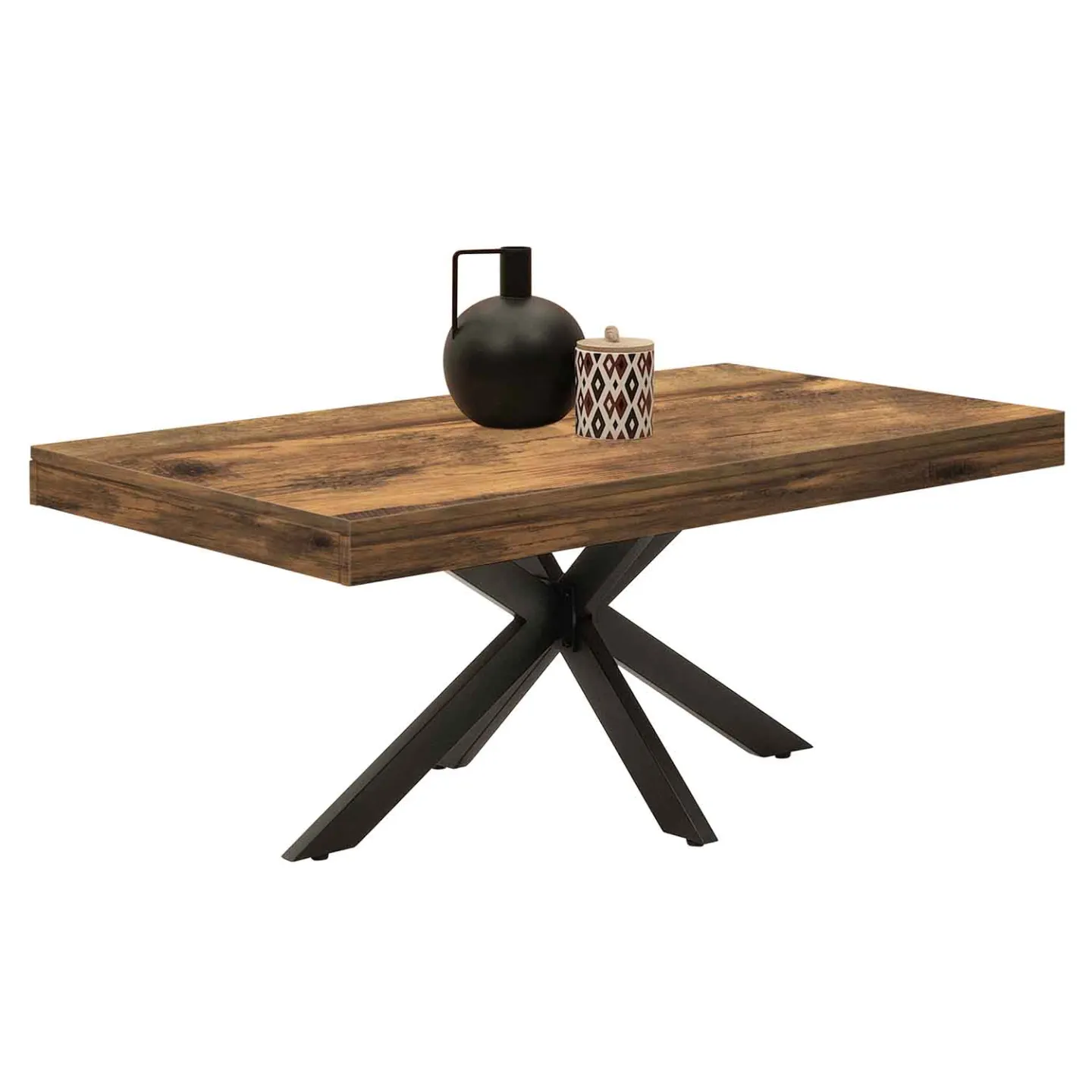 Table basse rectangulaire ALIX 110 cm pied araignée bois foncé effet vieilli et noir