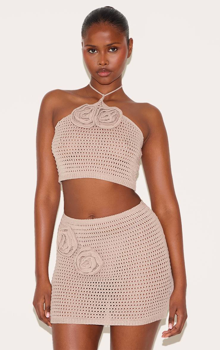 Taupe Haut À Col Noué Avec Applique Florale