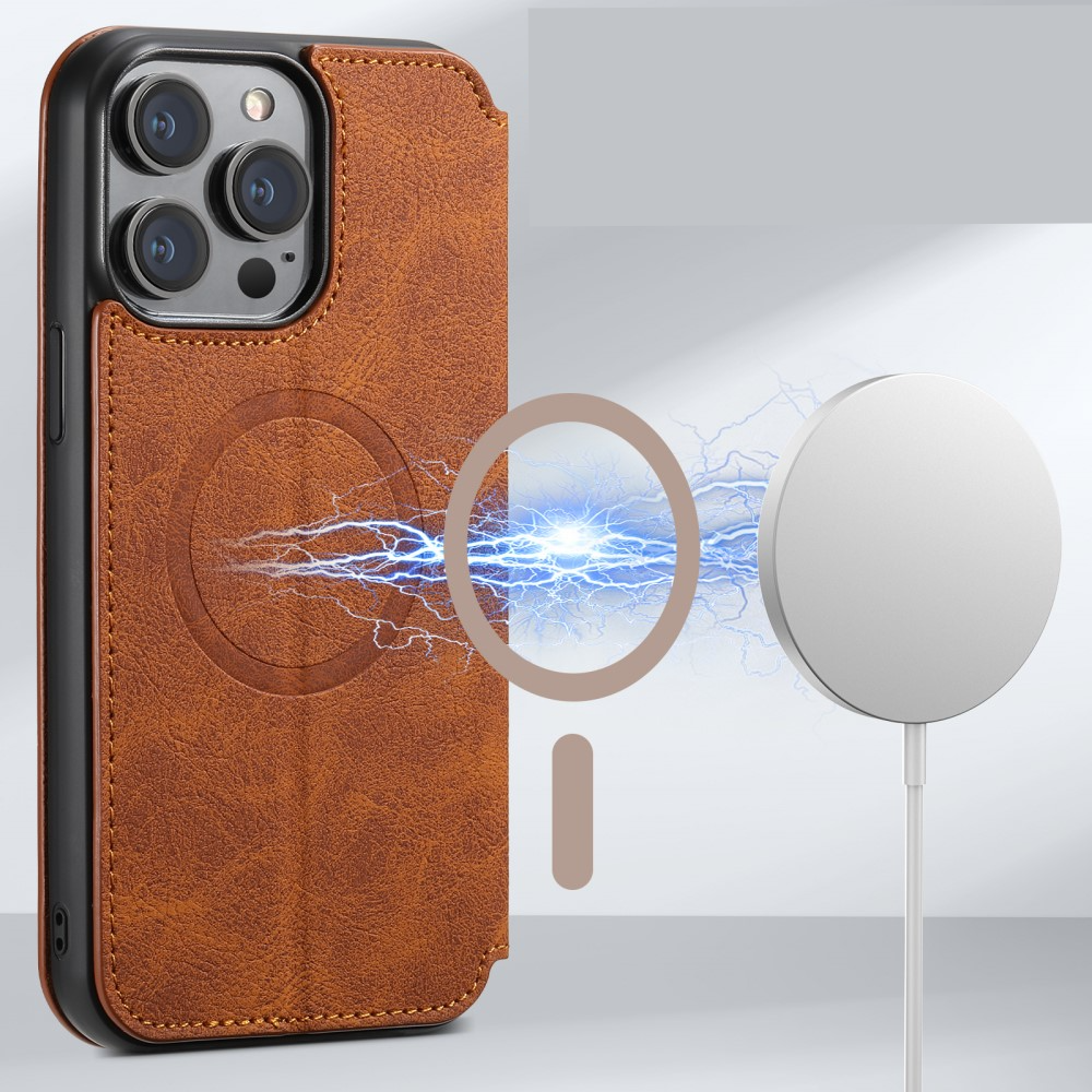 iPhone 14 Pro Max MagSafe Leder Tasche Flip Wallet Cover mit Kartenfächer - Hellbraun
