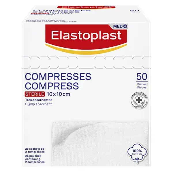 Compressas estéreis Elastoplast para primeiros socorros, 10 cm x 10 cm, 50 unidades
