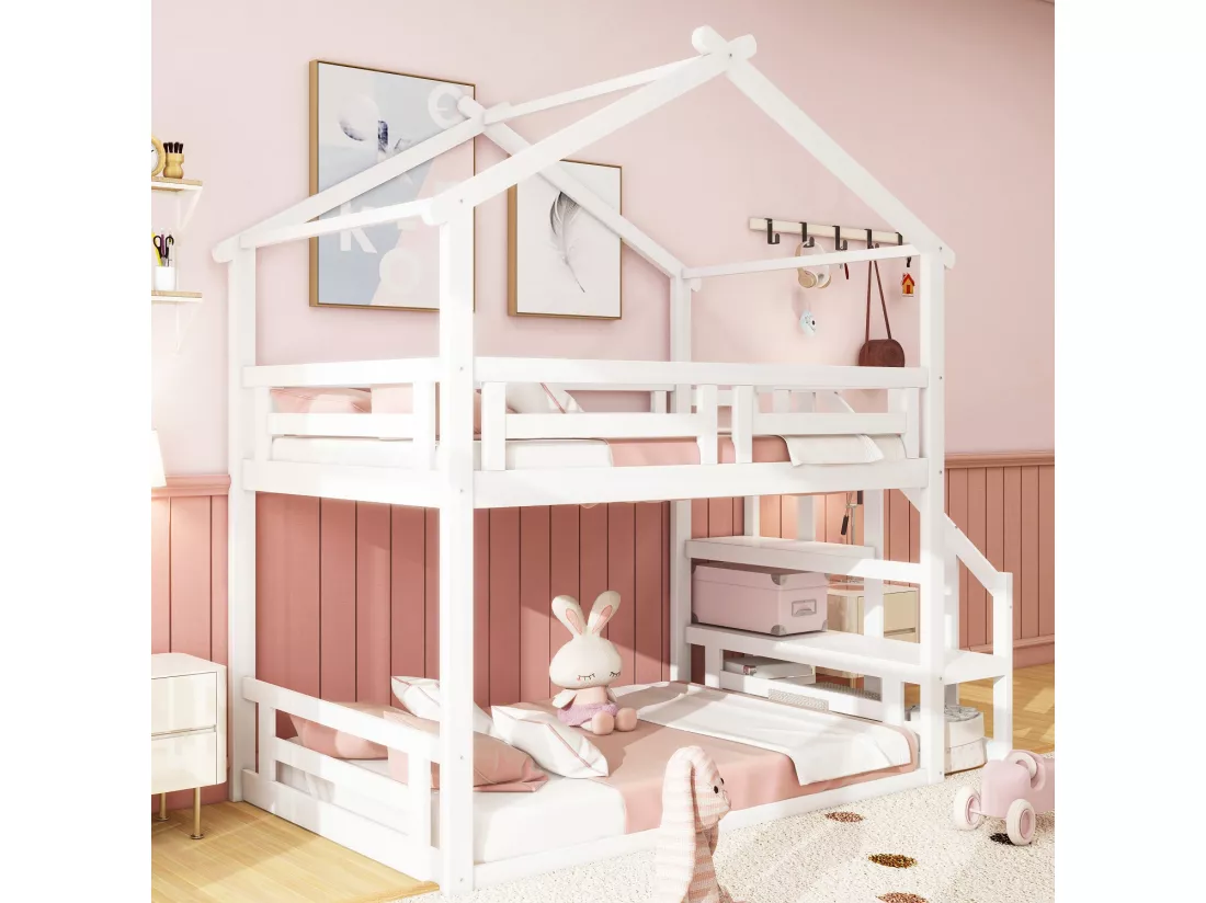 Lit superposé cabane avec rangement - 90 x 200 cm - pin - sommier à lattes seule en dessus - blanc