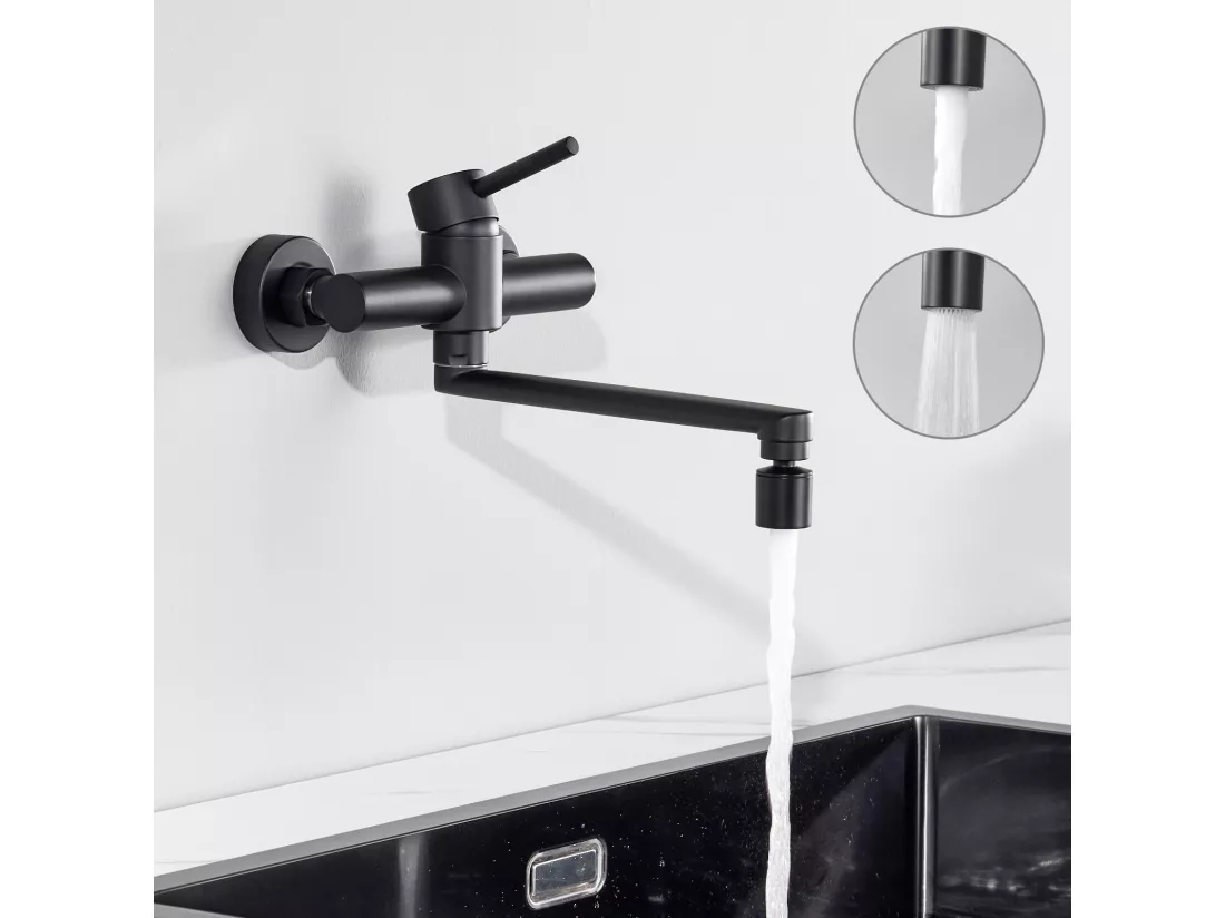 Cecipa max Robinet de Cuisine Mural avec Bec Orientable - Mitigeur d'évier 2 Jets au Choix - Robinetterie Mural Noir Pivotant à 360°,EU Modèle