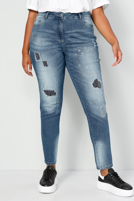 Boyfriend-Jeans, Glitzer Totenköpfe, Destroy-Effekte, 5-Pocket