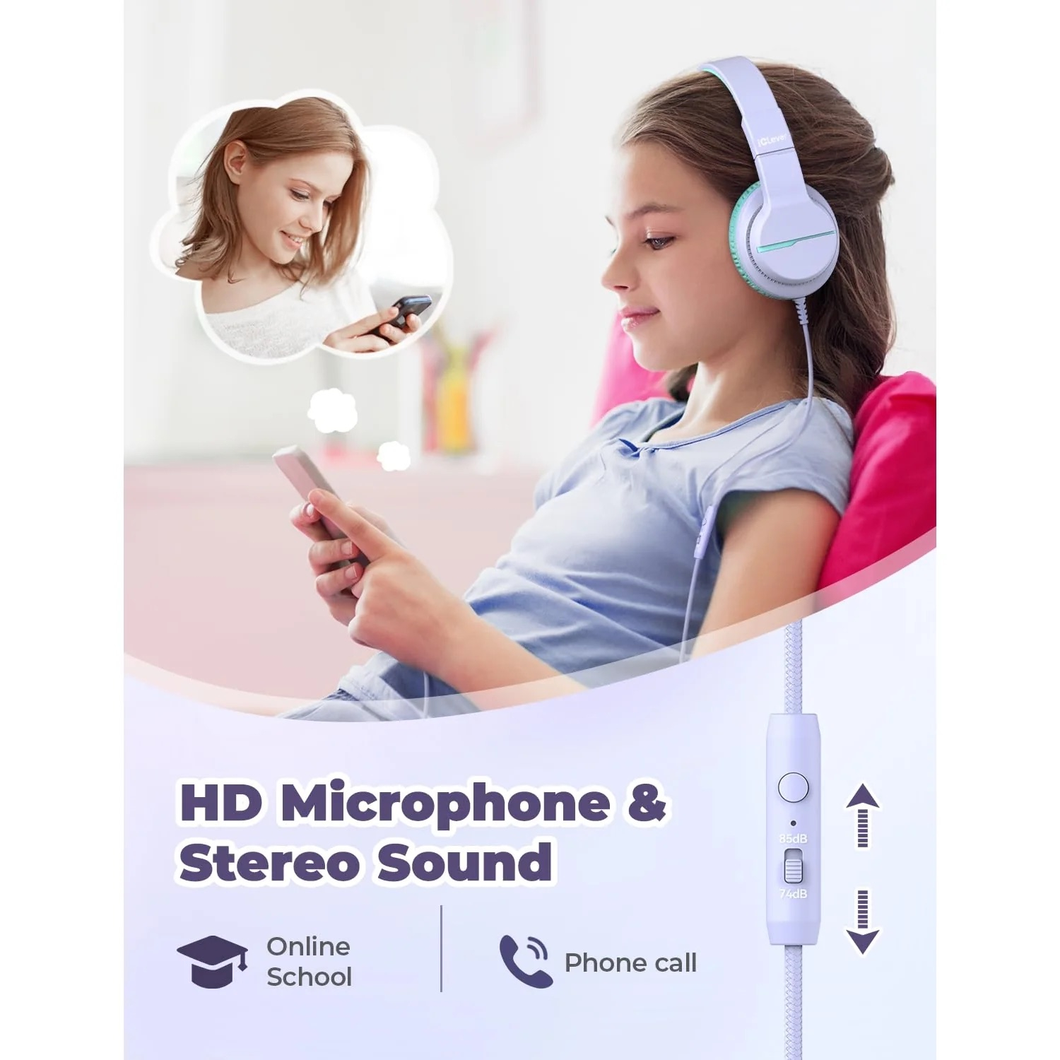 BTH12 Headphone Kids LED Kopfhörer 3.5mm Klinke Over-Ear 74/85dB Lautstärkeeinstellungen (C01-1702N-23) - Violett / Türkis